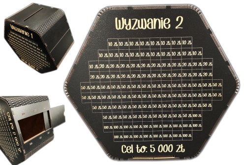Czarna skarbonka wykreślana dwustronnie WYZWANIE 1 i WYZWANIE 2.